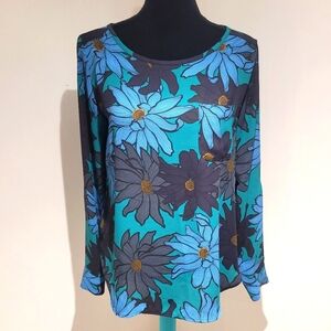 Loft Women's Oversized Print Floral Long Sleeve Blouse Small Green Blue Feminine